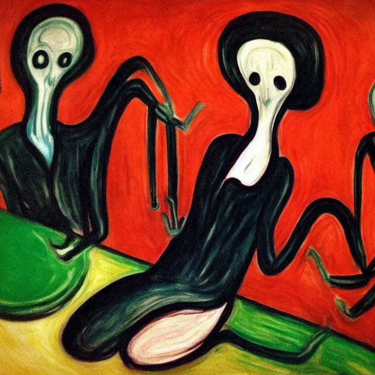 Stylized figures with elongated limbs on vibrant red and green background