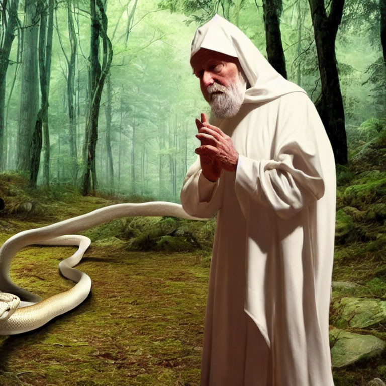 Hooded figure gesturing to white snake in misty forest