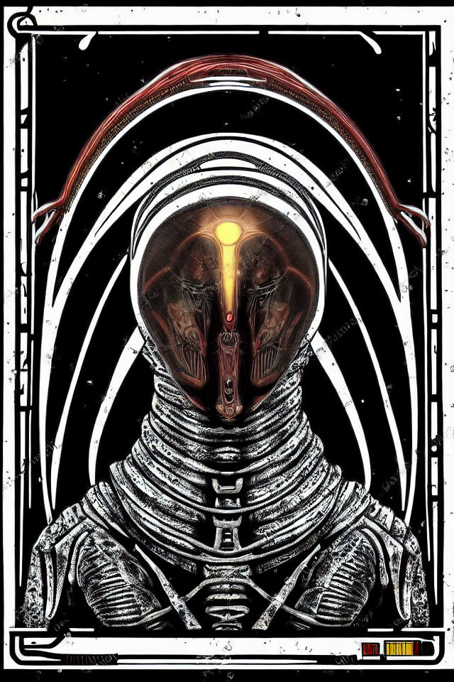 Detailed Biomechanical Entity with Helmet and Glowing Eye in Monochrome Palette