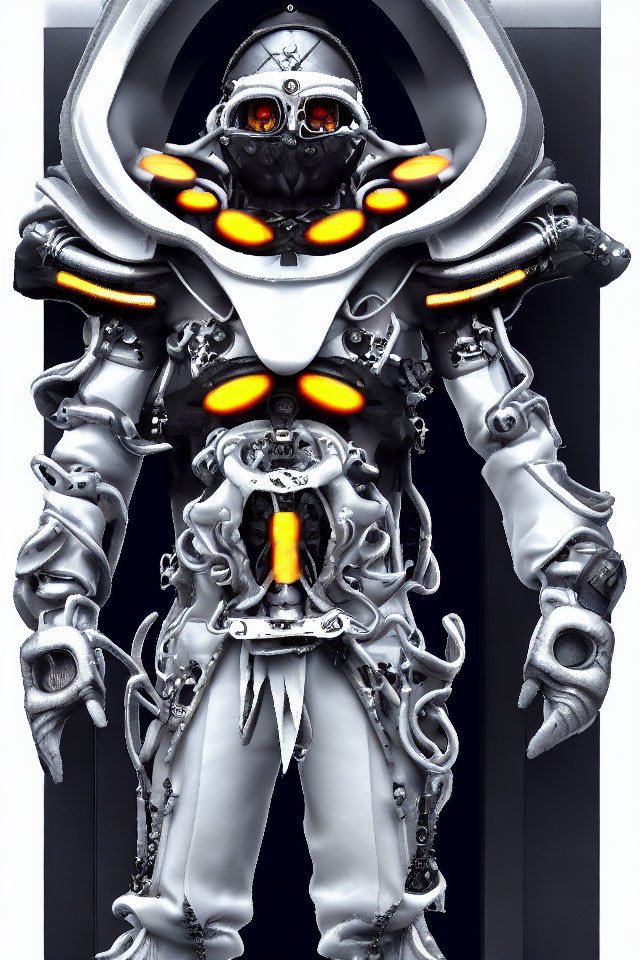 Futuristic white and black armor with glowing orange lights and tinted visor