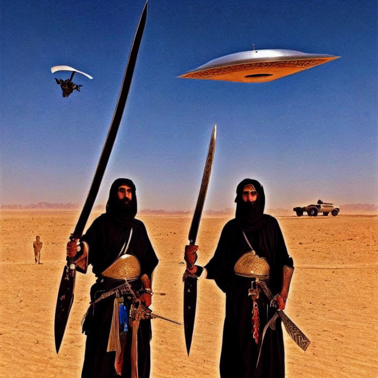 Desert scene with individuals in traditional garb, swords, UFO, paraglider, and off