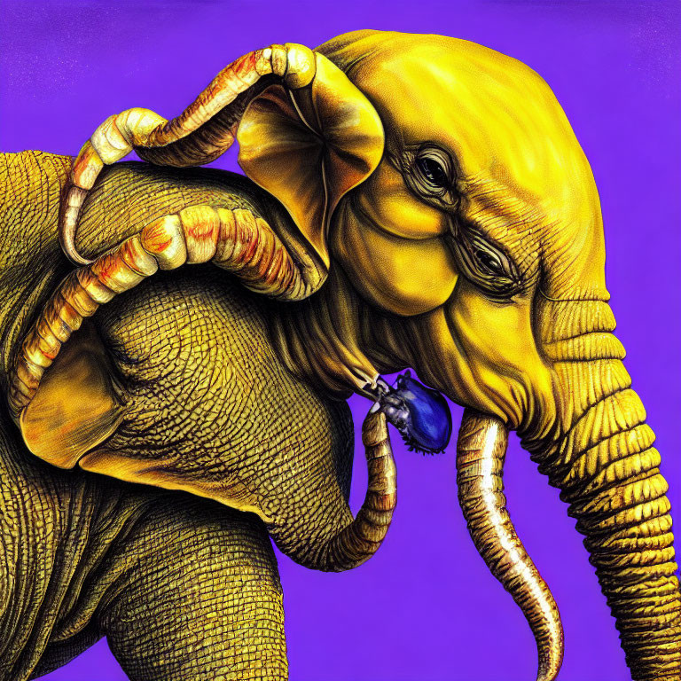 Detailed Golden Elephant Illustration with Textured Skin and Large Tusks on Vivid Purple Background