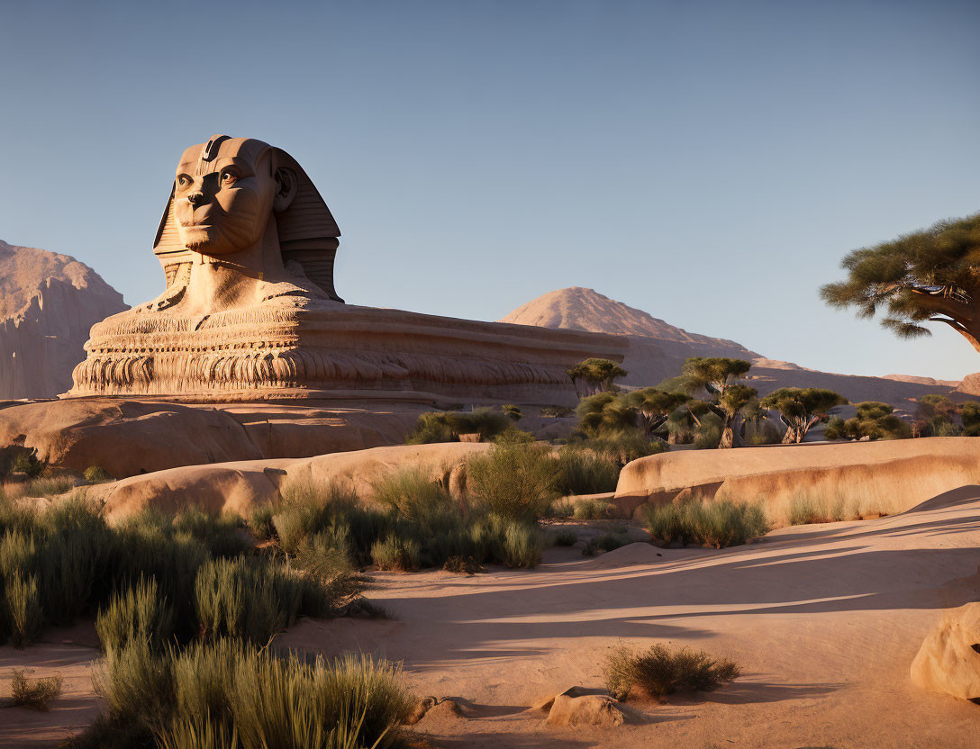 Large Sphinx Sculpture in Desert Landscape with Distant Mountains