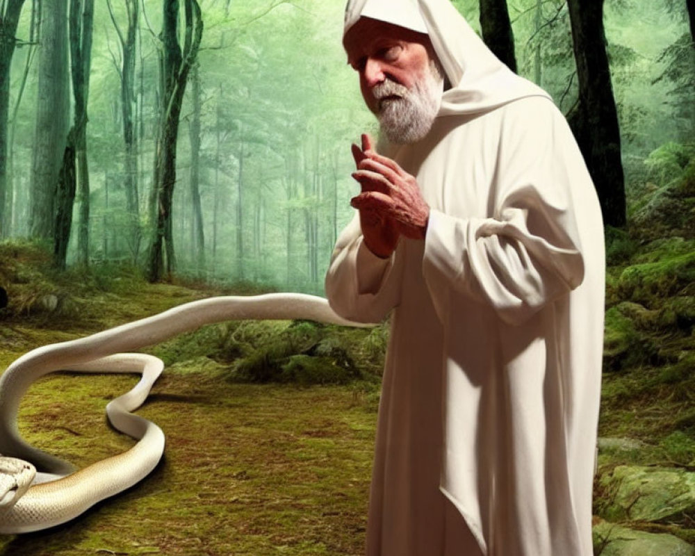 Hooded figure gesturing to white snake in misty forest