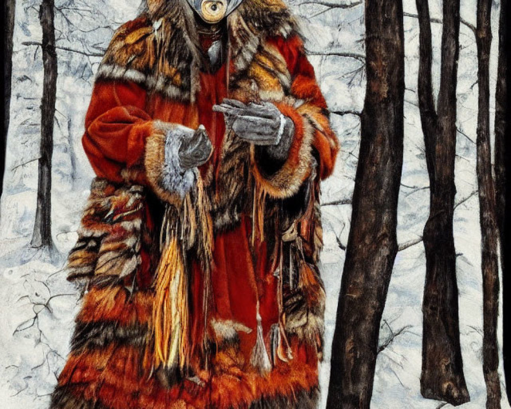 Person in Traditional Attire with Mask and Smartphone in Snowy Forest