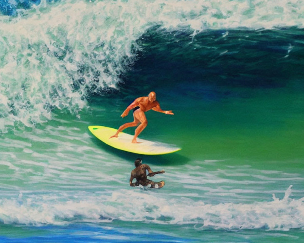 Two surfers on ocean waves, one above the other