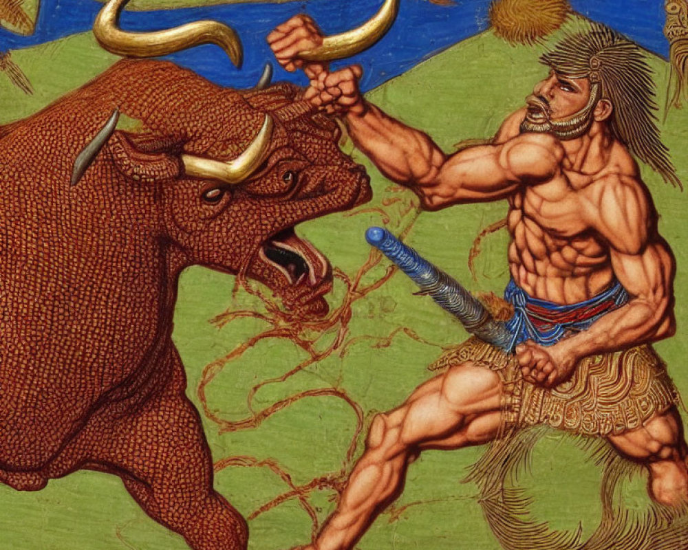 Muscular man wrestling large bull in vivid illustration