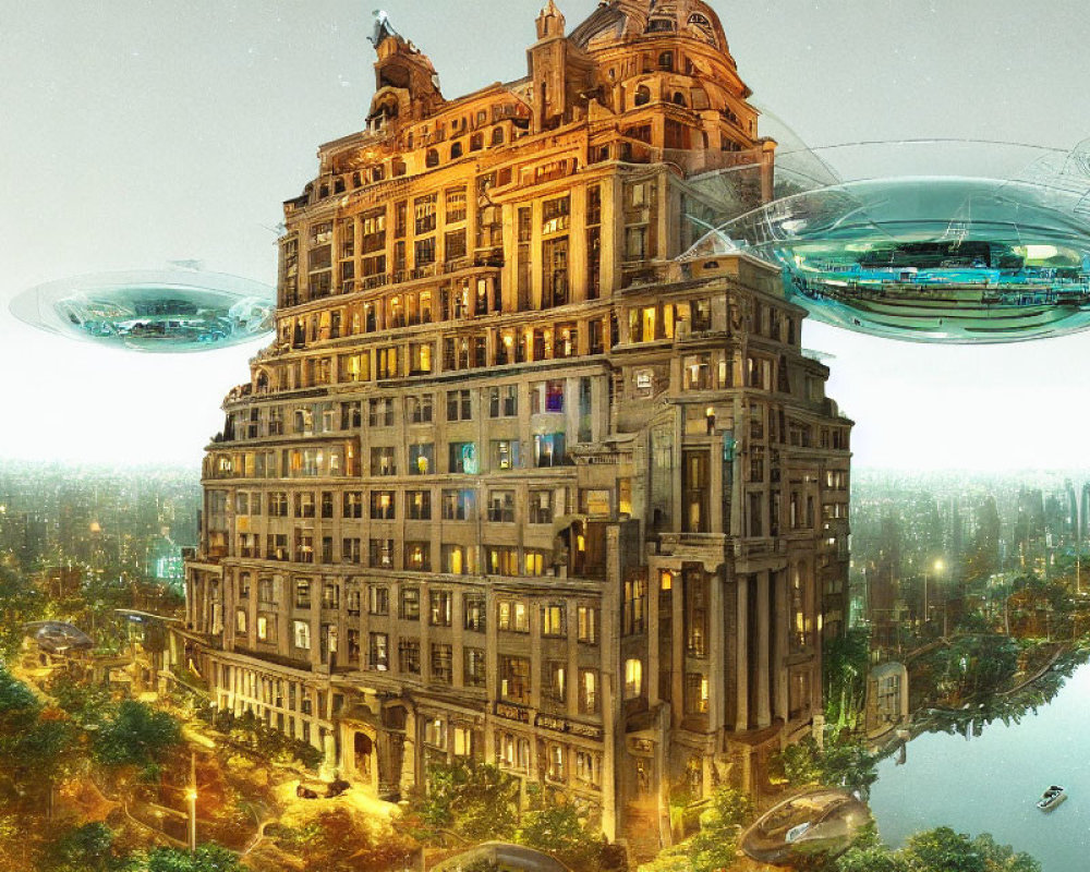 Futuristic cityscape with ornate building, greenery, and flying saucers