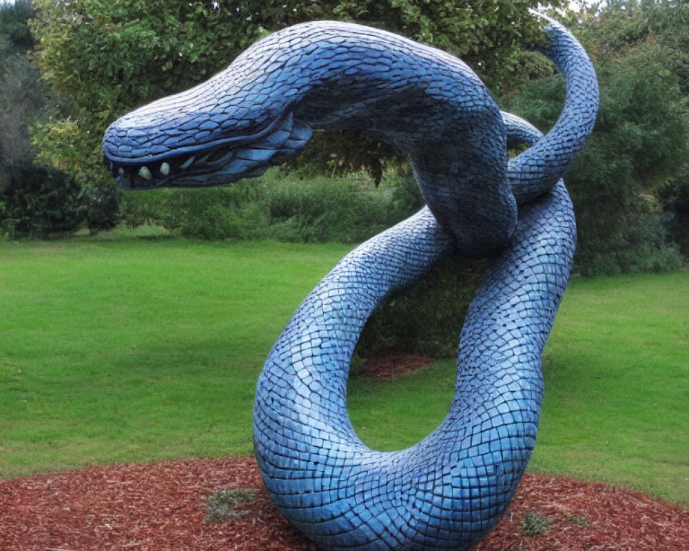 Blue Mosaic Serpent Sculpture in Grass Field