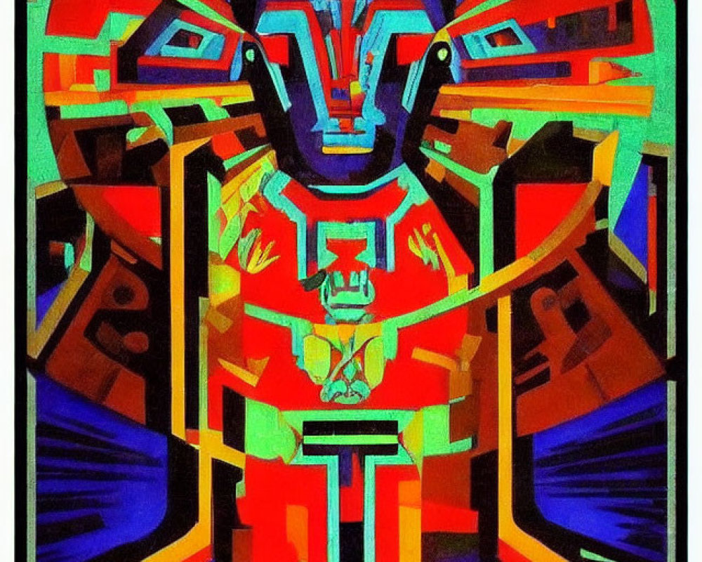 Symmetric abstract art with geometric shapes and humanoid figure in blue, red, and yellow.