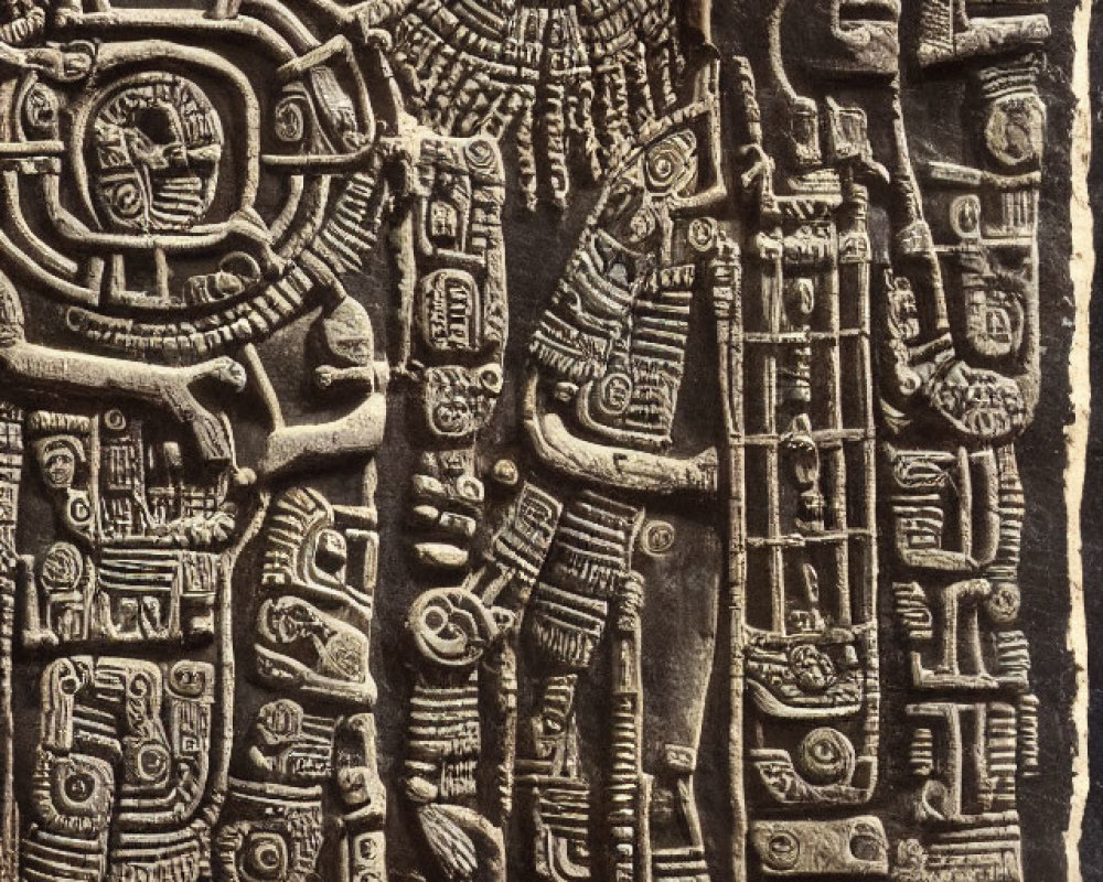 Intricate Ancient Mesoamerican Carved Stone Slab with Hieroglyphs and Deities