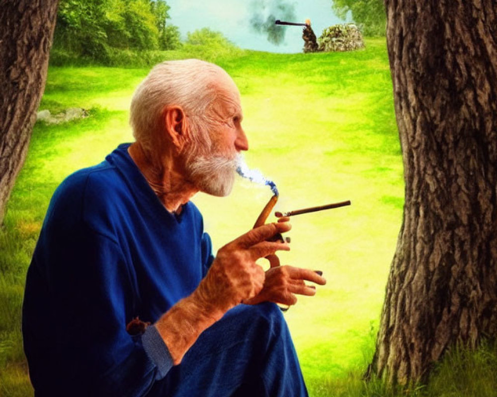 Elderly man with white beard smoking pipe between trees in blue shirt and tartan trousers