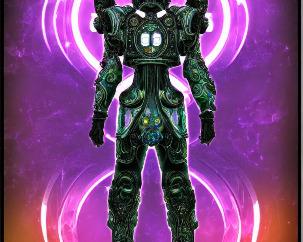 Intricate Cybernetic Suit with Glowing Patterns and Swirling Light Rings