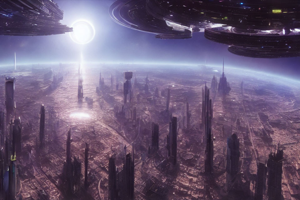 Futuristic cityscape with towering skyscrapers and orbiting structures