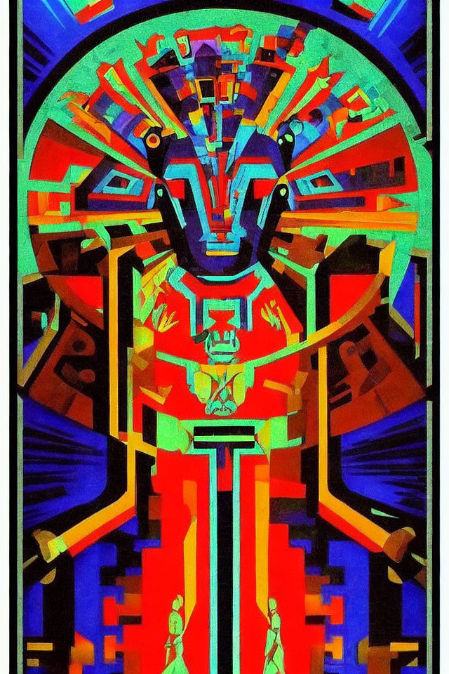 Symmetric abstract art with geometric shapes and humanoid figure in blue, red, and yellow.