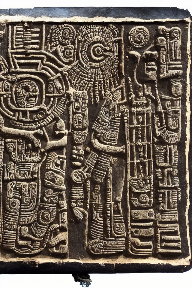 Intricate Ancient Mesoamerican Carved Stone Slab with Hieroglyphs and Deities