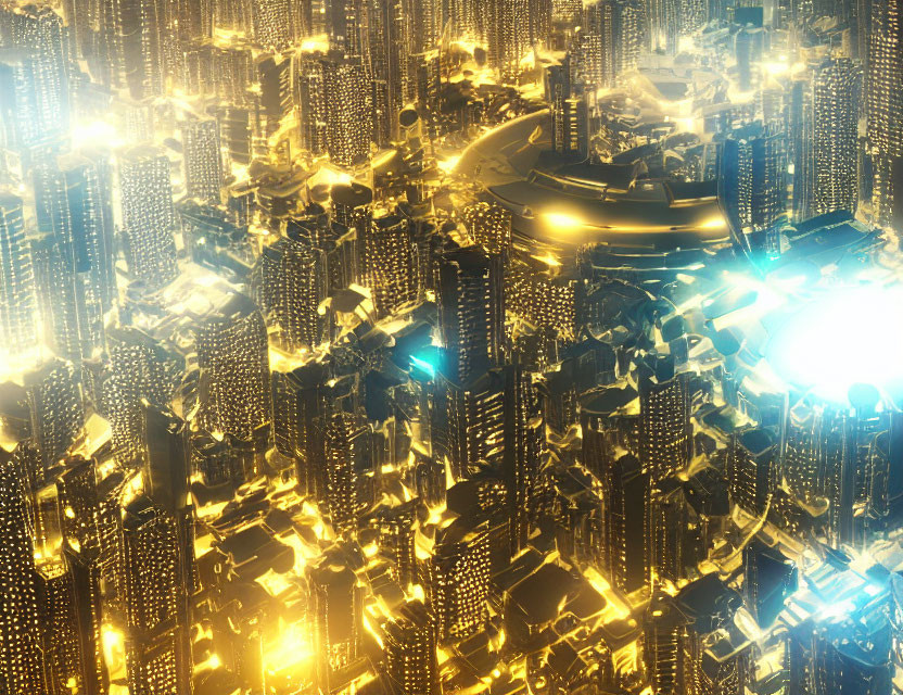 Futuristic night cityscape with golden light and illuminated skyscrapers