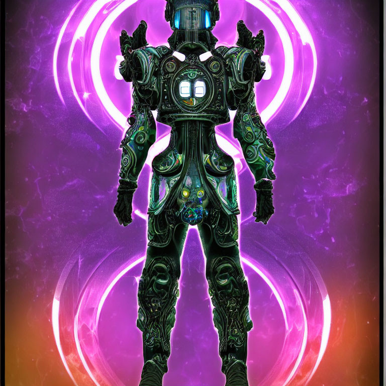 Intricate Cybernetic Suit with Glowing Patterns and Swirling Light Rings