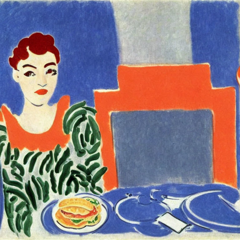 Modernist painting of woman with sandwich in bold colors