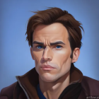 Brown-haired male character with blue eyes in leather jacket on blue background