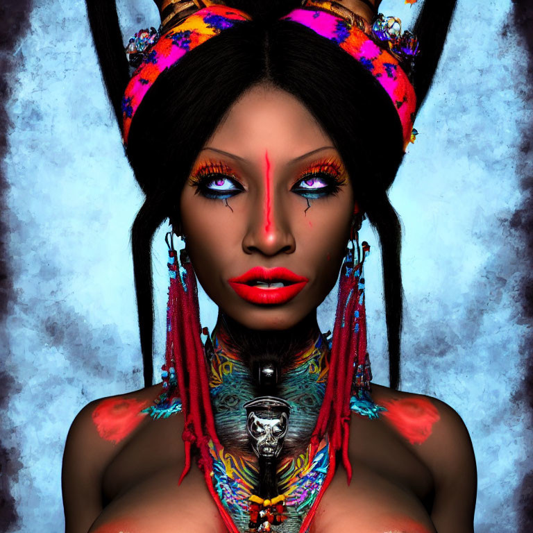 Digital art portrait of woman with red eyes, tribal makeup, colorful headgear, skull necklace