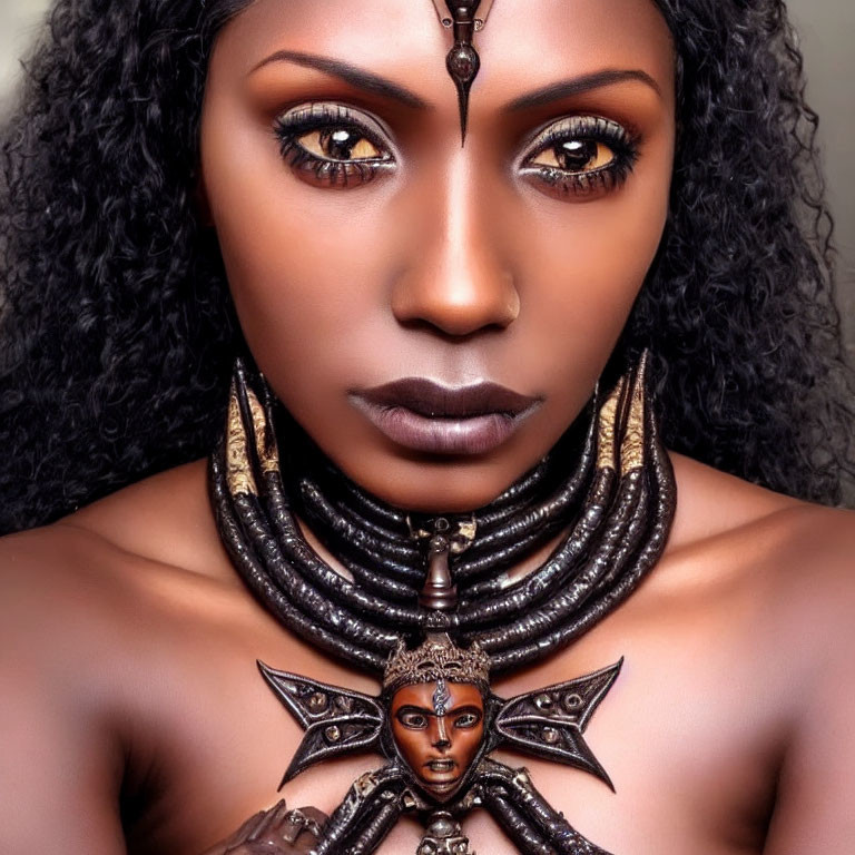 Woman with Striking Makeup and Bold Jewelry Poses with Miniature Figure