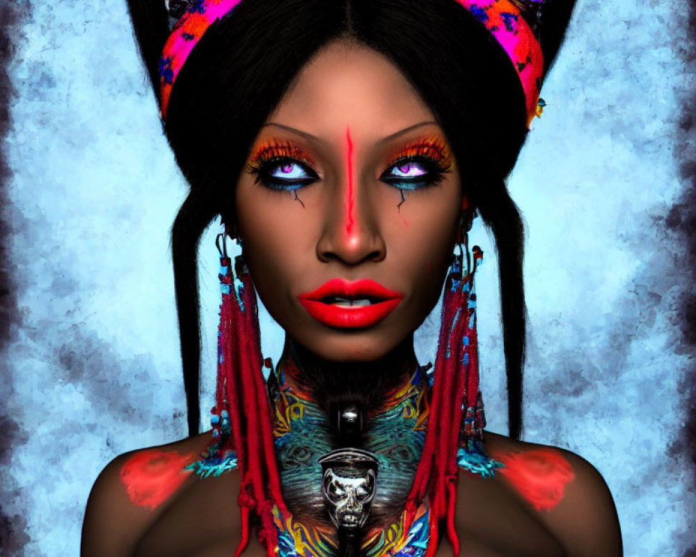 Digital art portrait of woman with red eyes, tribal makeup, colorful headgear, skull necklace