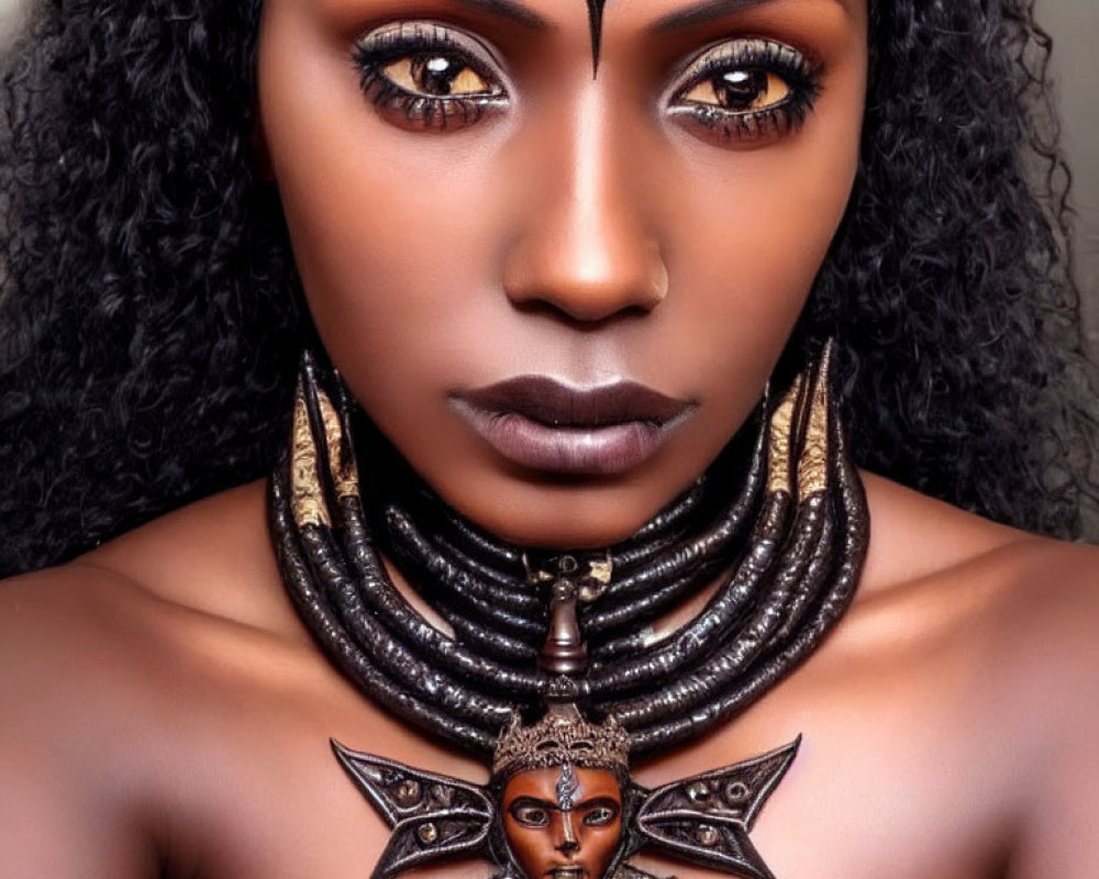 Woman with Striking Makeup and Bold Jewelry Poses with Miniature Figure