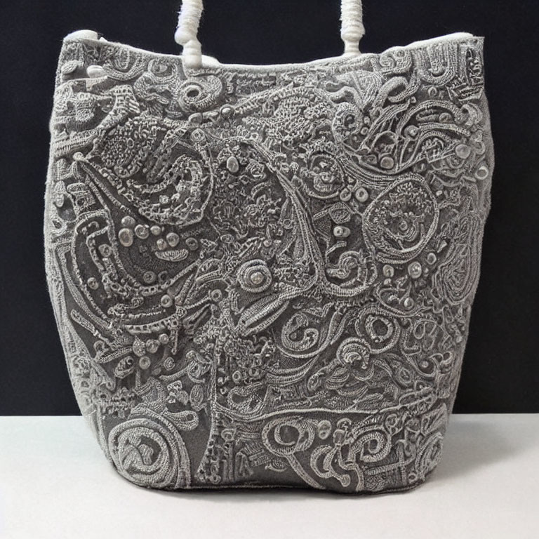 Monochrome Beaded Shoulder Bag with Paisley and Floral Patterns