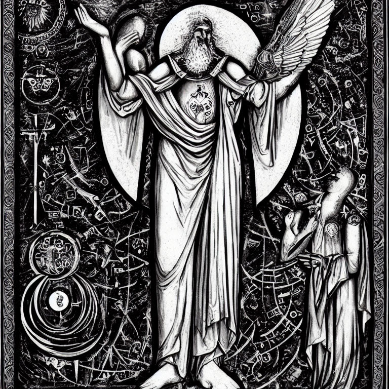 Detailed black and white angel illustration with celestial symbols and two smaller figures