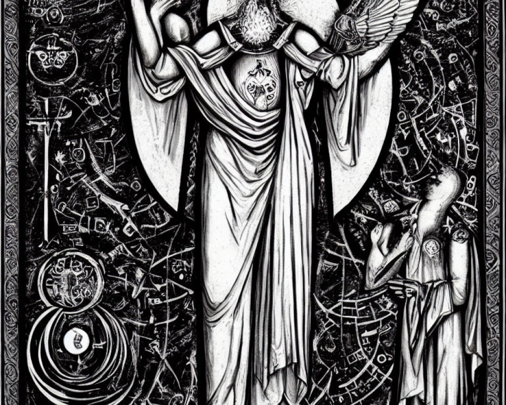 Detailed black and white angel illustration with celestial symbols and two smaller figures