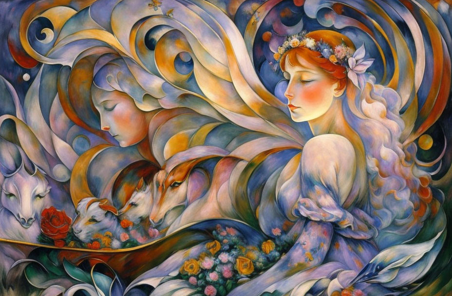 Whimsical painting of woman with flowing hair and vibrant colors