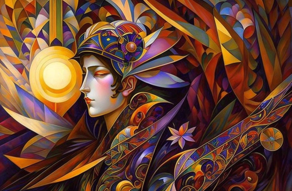 Colorful artwork: Stylized woman with decorative helmet in intricate patterns