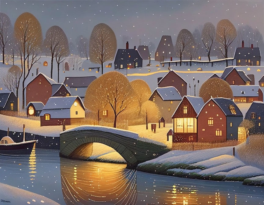 Snowy village at dusk: Stone bridge, glowing windows, reflective river