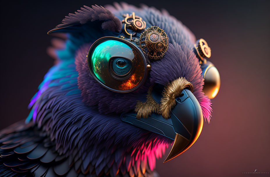 Steampunk-style bird with mechanical eye and gears on head on gradient background