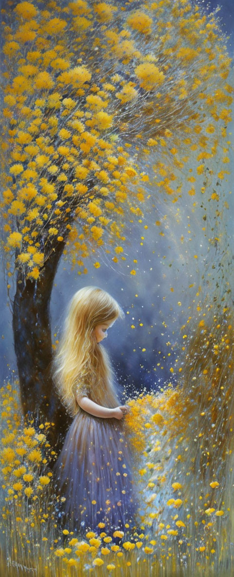 Young girl with blonde hair under tree with yellow blossoms.