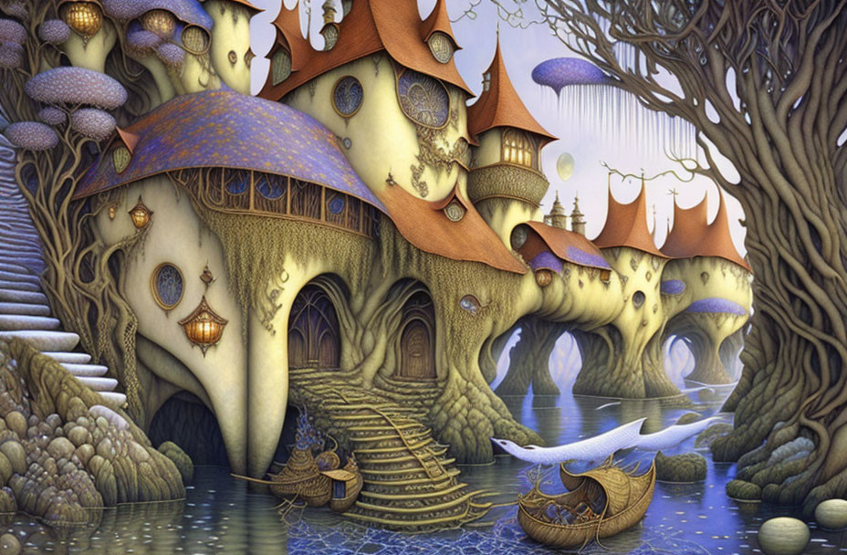 Fantastical landscape with mushroom houses, serene river, weeping willows, swan boat