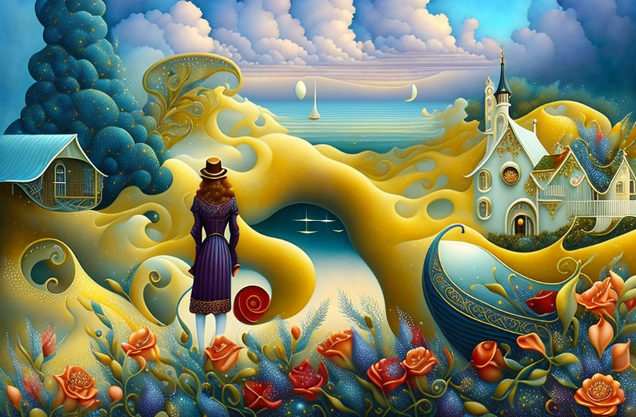 Woman in hat admires whimsical seascape with vibrant houses and sailboats