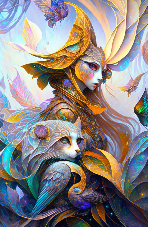 Colorful fantasy art: Masked figure with golden antlers, whimsical cat, and intricate foliage