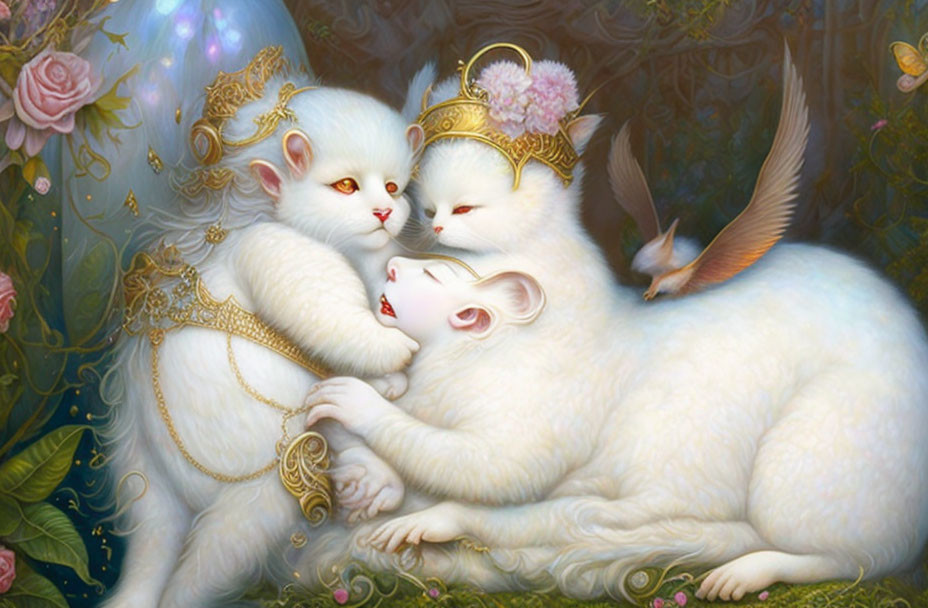 Ethereal white winged cats cuddle among flowers with crown and key