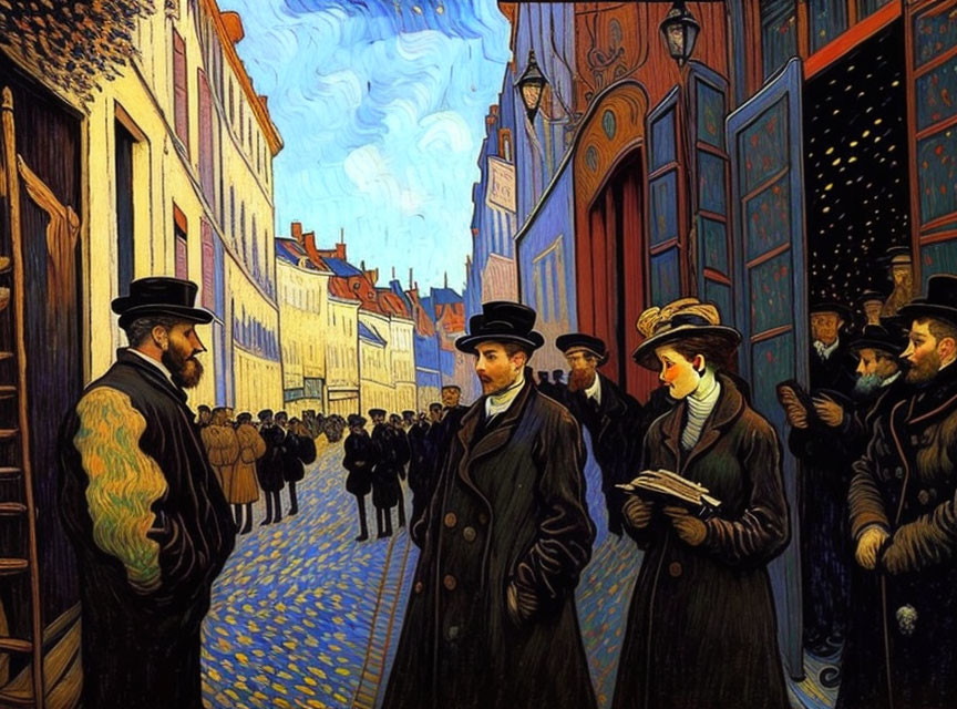 19th-Century Attired People in Van Gogh-Inspired Cobblestone Street