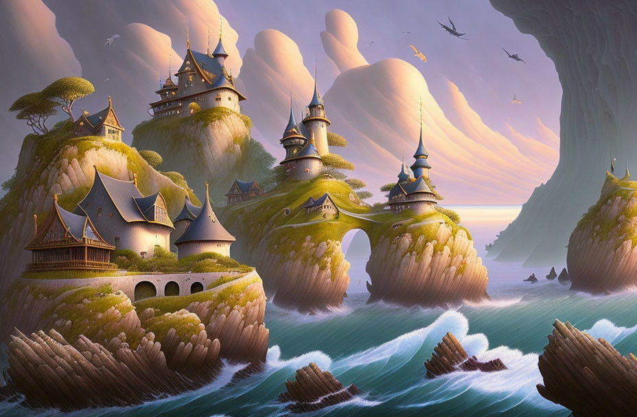 Fantasy seascape with cliff-top castles, greenery, islets, serene waters, and