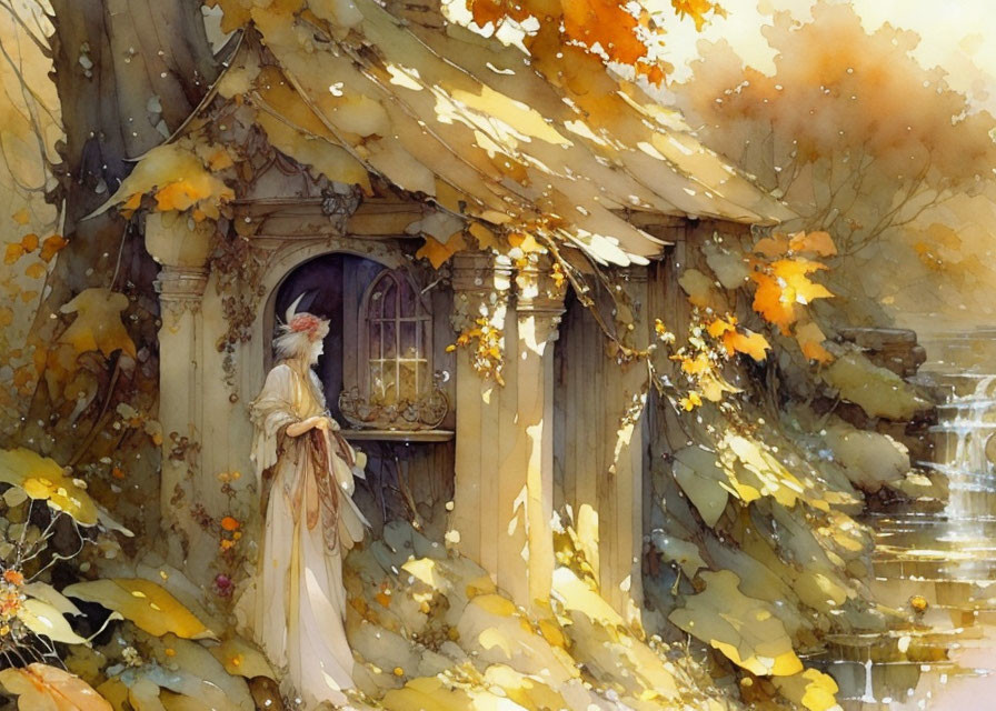 Historical woman by thatched roof house in autumn setting with waterfall