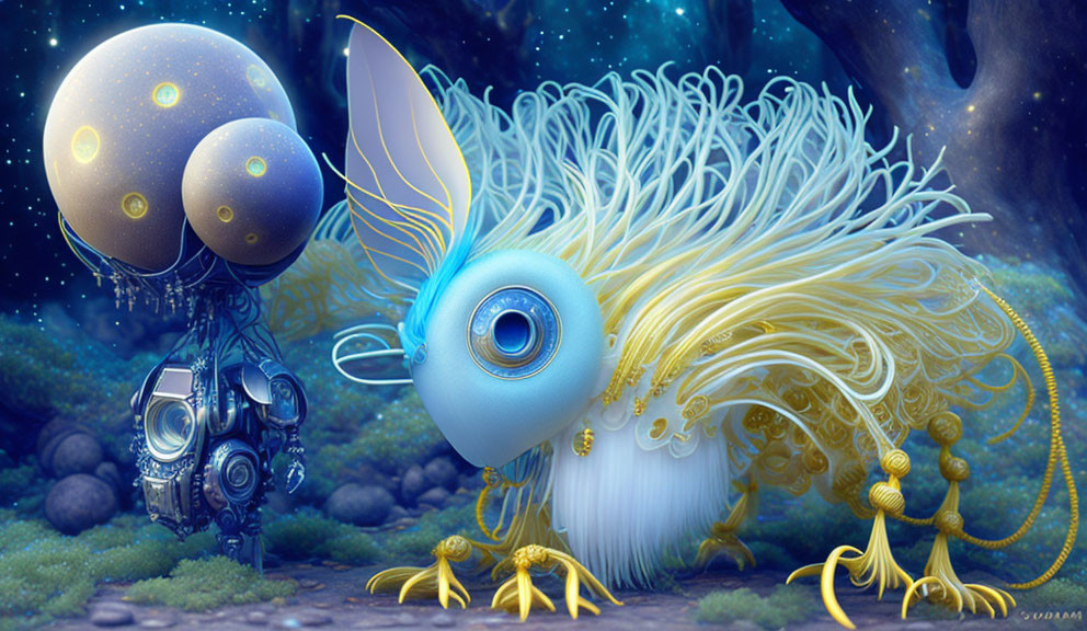 Whimsical digital artwork of creature with large blue eye, rabbit-like ears, white tendrils,