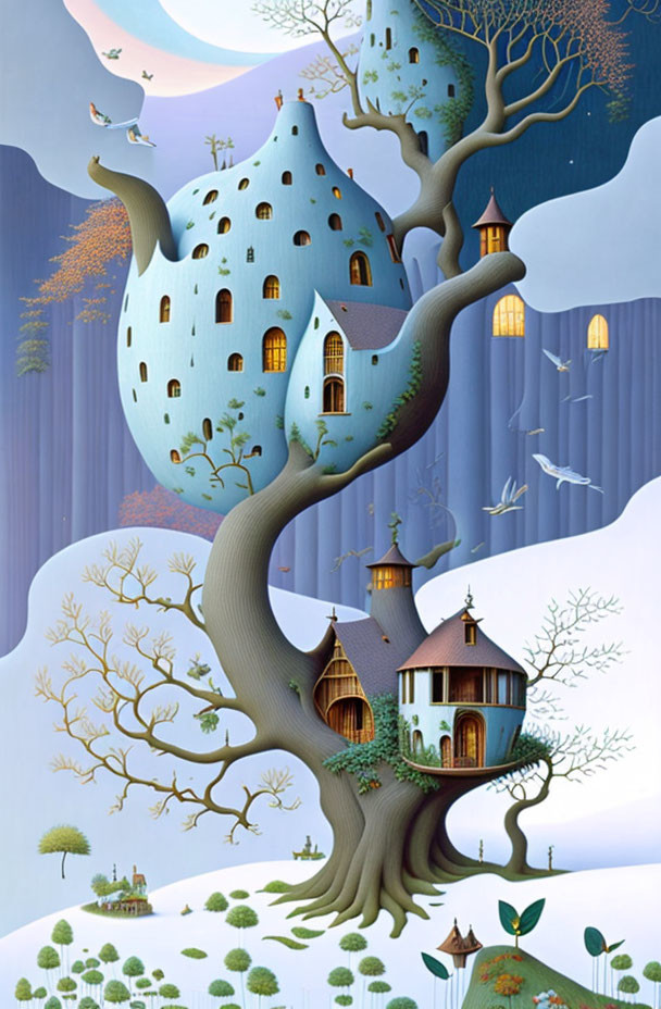 Whimsical illustration of large fruit tree with houses, birds, and floating islands