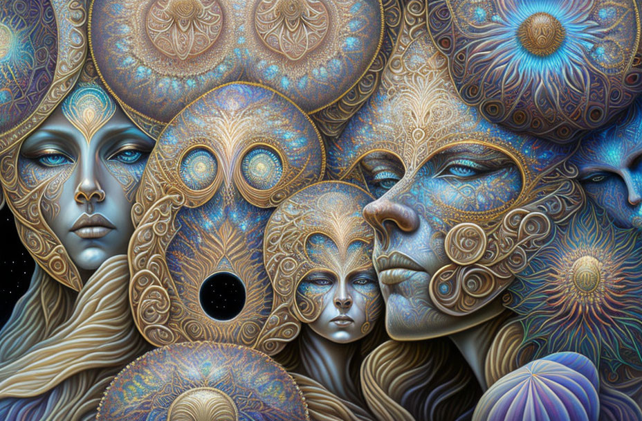 Surreal Artwork: Interconnected Faces with Cosmic Patterns