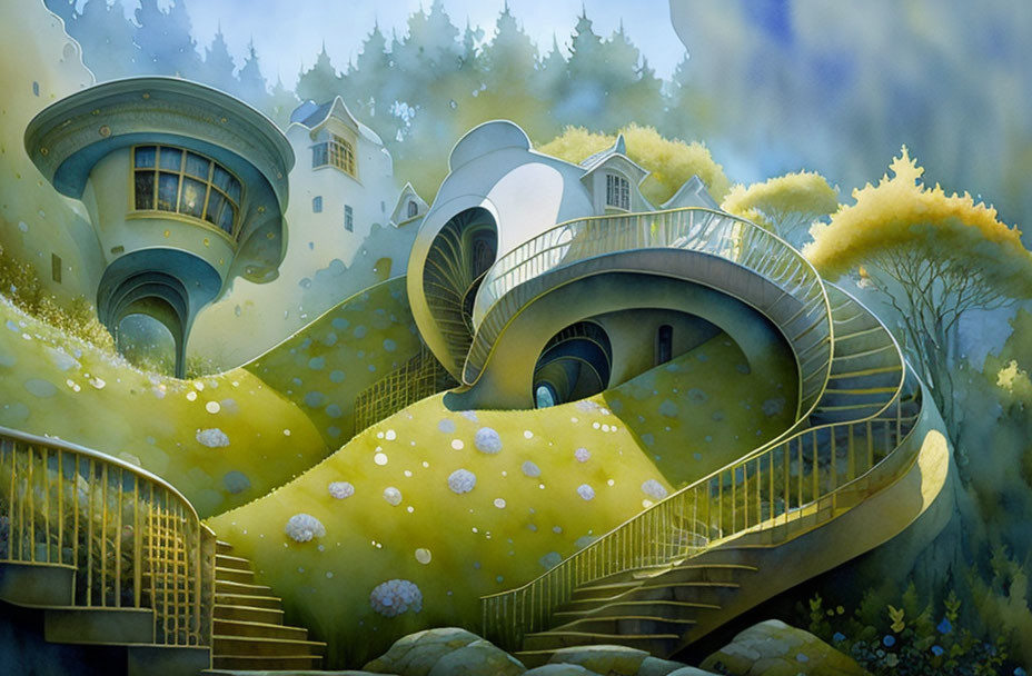 Whimsical architecture blending with nature in spiral towers surrounded by lush greenery.
