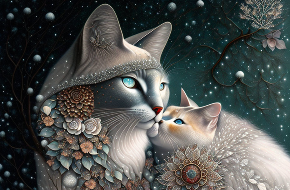 Intricately detailed whimsical cats on starry background