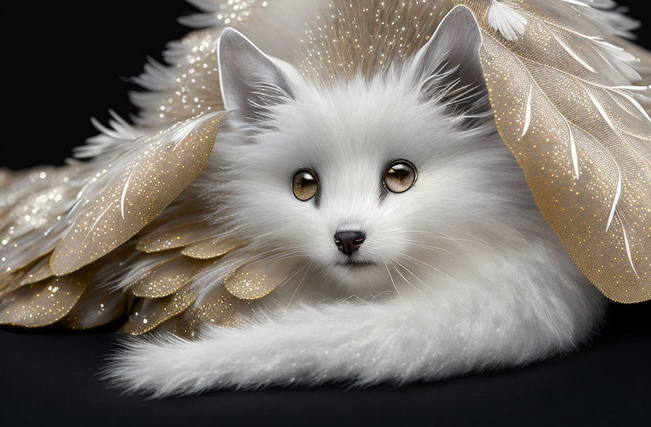 White Cat with Golden Eyes Surrounded by Elegant Gold-Infused Feathers