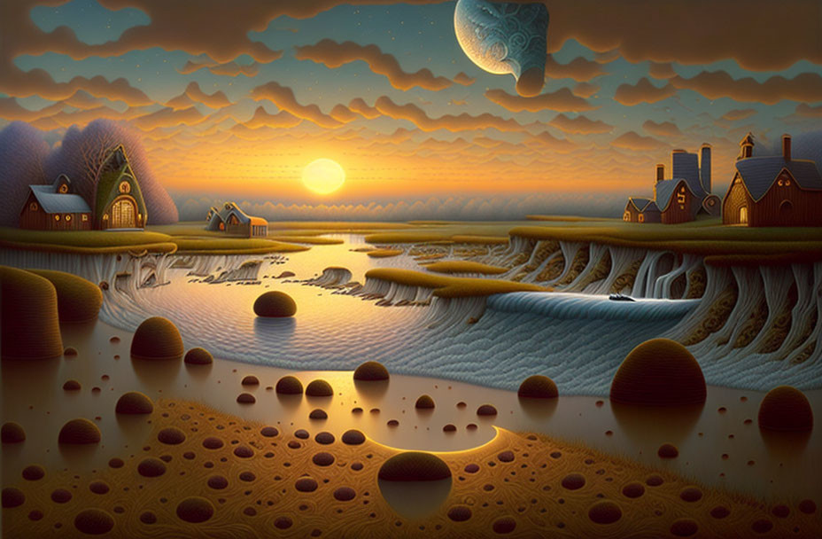 Surreal landscape with rolling hills, waterfalls, houses, sunset, and oversized celestial bodies.